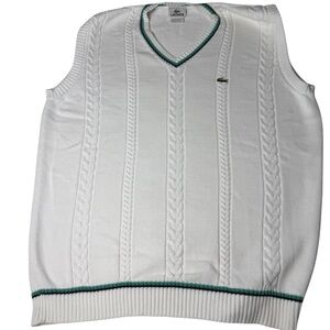 Lacoste White V-Neck Cable Knit Sweater Vest with Green Trim